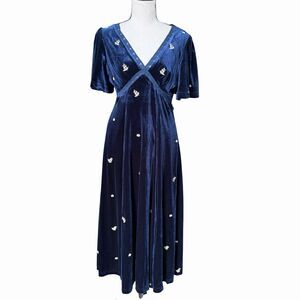 In Loom Blue Velvet Maxi Dress M Boho Hippi Floral Embroidered Empire Waist